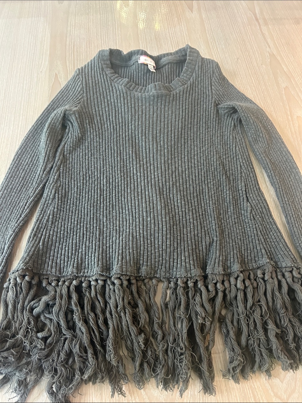 Fringed Ribbed Long Sleeve Sweater - Olive Green